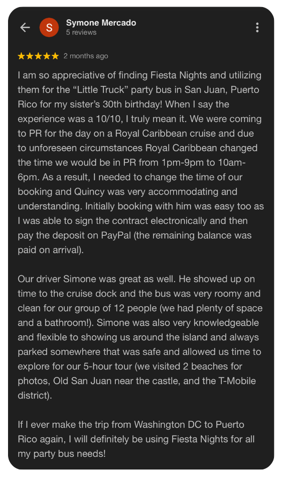 Hear It From Our Happy Guests For our Party Bus in Puerto Rico V1