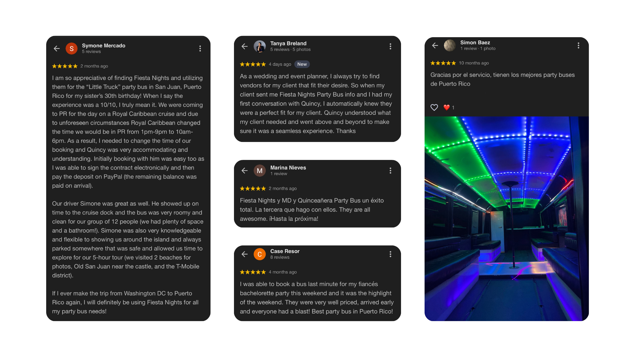 Customer testimonials for Fiesta Nights party bus in Puerto Rico with image of LED-lit party bus interior